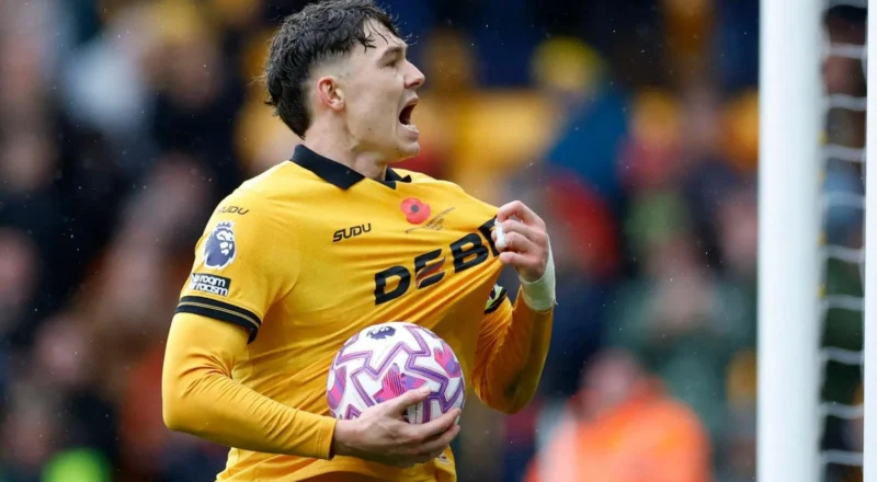 Wolves forward Jorgen Strand Larsen celebrates scoring in the Premier League