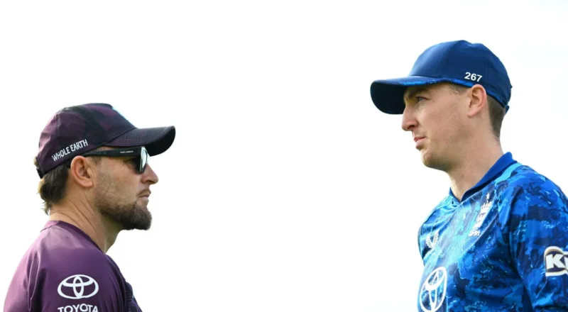 Brendon McCullum and Harry Brook look past each other