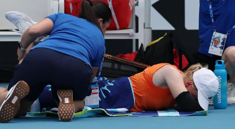Francesca Jones receives treatment on court at the Australian Open