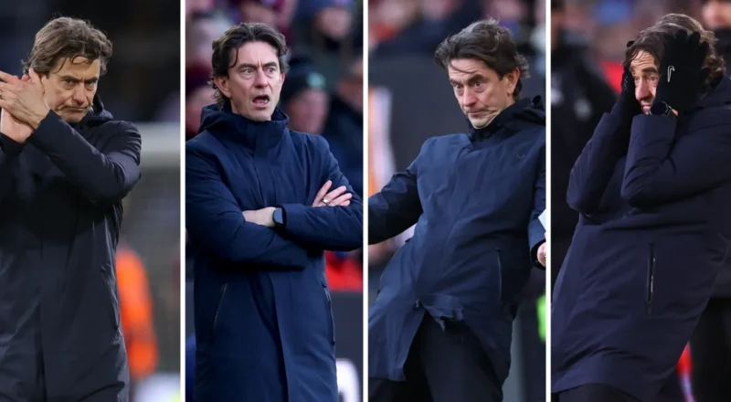 A split image showing four pictures of Thomas Frank reacting during Tottenham's Premier League game at Burnley
