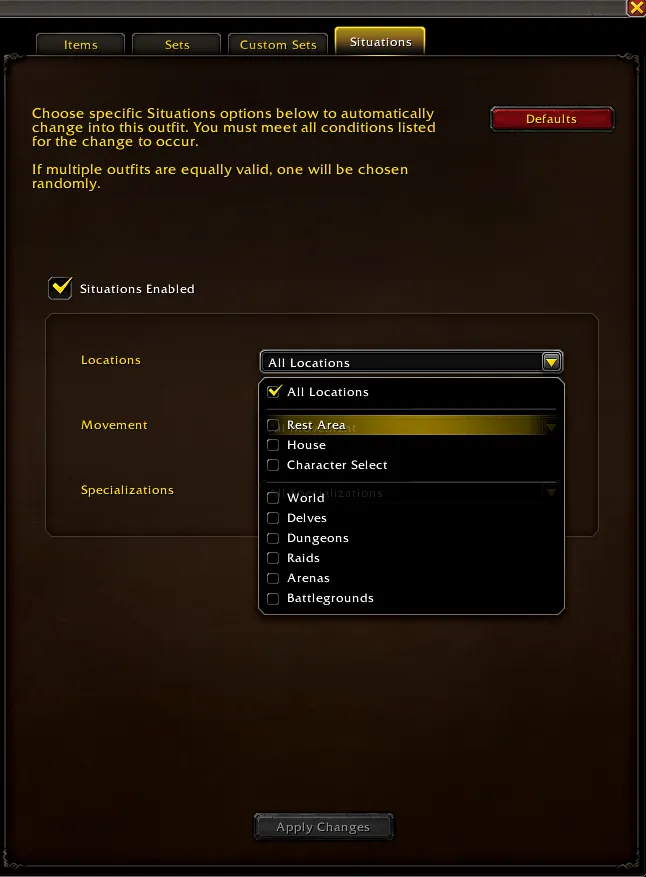 A Situations screen in World of Warcraft, displaying options for contextual application of transmogs.