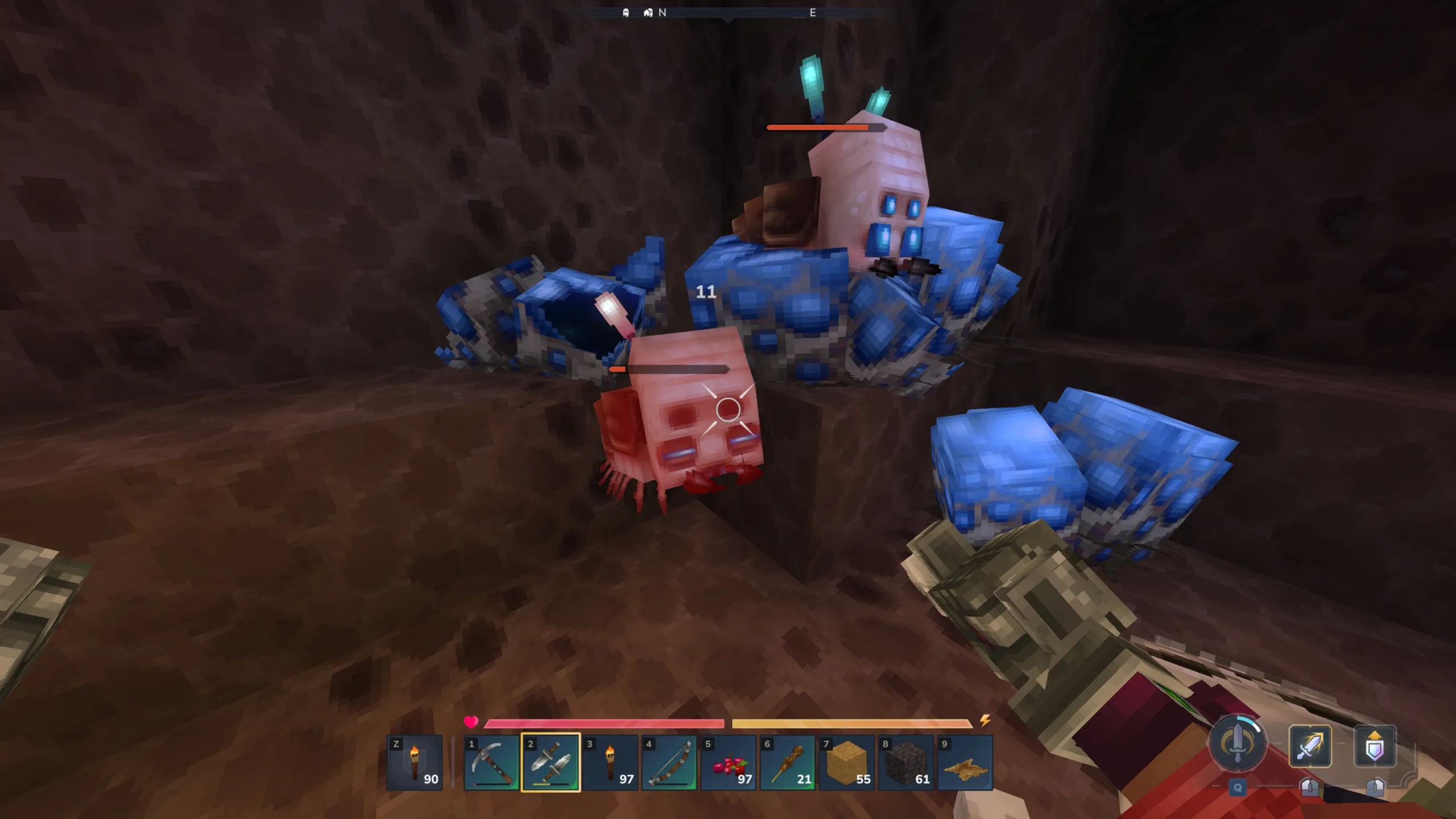 Hytale sturdy chitin: A player looking at and attacking Scarak lice hatching from their eggs.