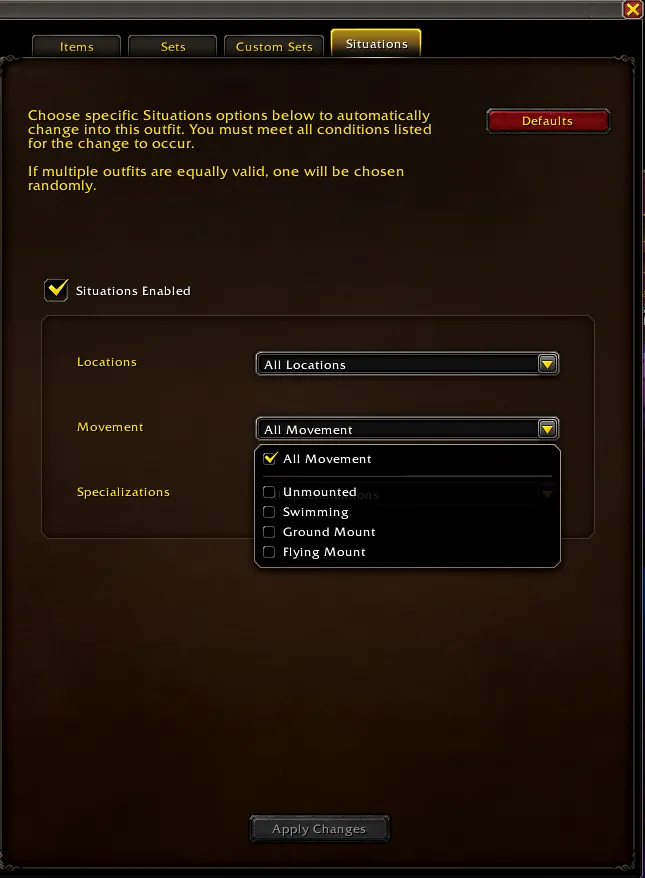 A Situations screen in World of Warcraft, displaying options for contextual application of transmogs.