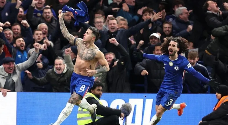 Enzo Fernandez and Marc Cucurella celebrate the 92nd-minute winner by Chelsea against West Ham