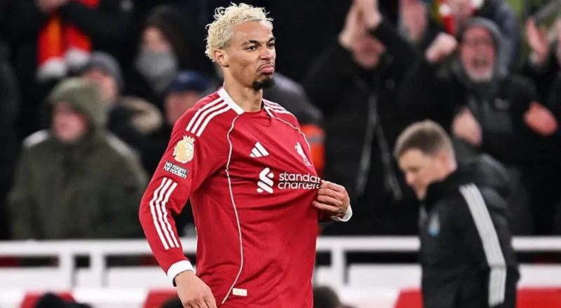 Hugo Ekitike celebrates after scoring for Liverpool against Newcastle United at Anfield