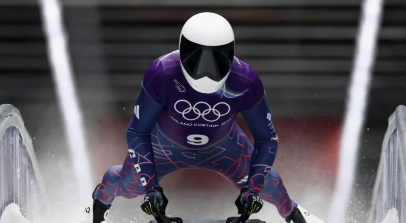 Matt Weston during first heat of Winter Olympics skeleton event at Cortina Sliding Centre