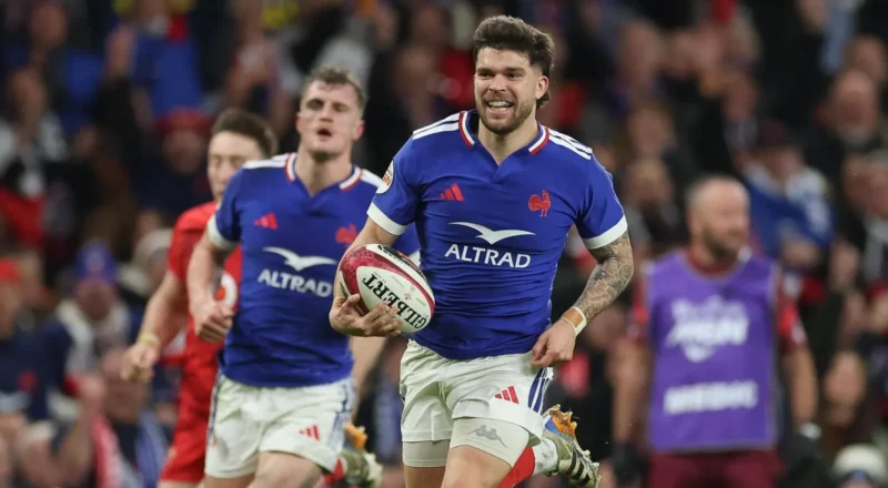Matthieu Jalibert runs away to score France's fourth try against Wales in Cardiff