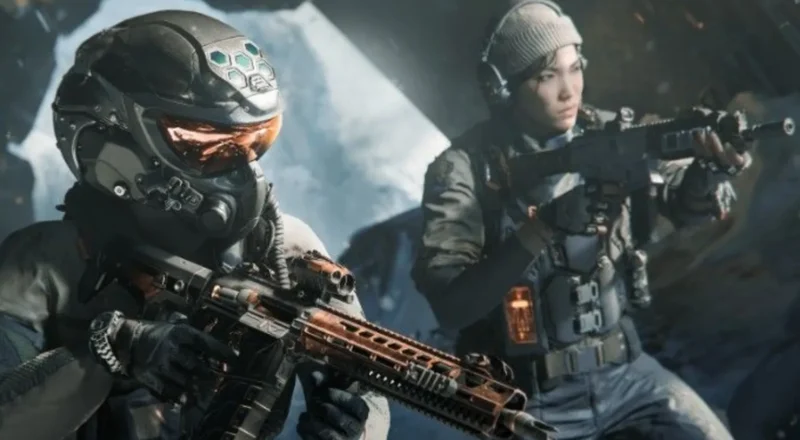 Treyarch & Raven Software & Activision An in-game screenshot from the game. A person in a helmet with orange reflective visors, holds an orange and black gun, a woman behind them with a beanie hat on and headphones is also pointing a gun off screen.