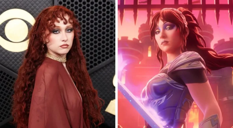 Reuters/ Epic Games Chappell Roan at the Grammy Awards in a red dress. Her hair is long and curly. The background is black. On the right is her Fortnite skin which has a purple coloured metal breast plate and she is holding a glowing sword.