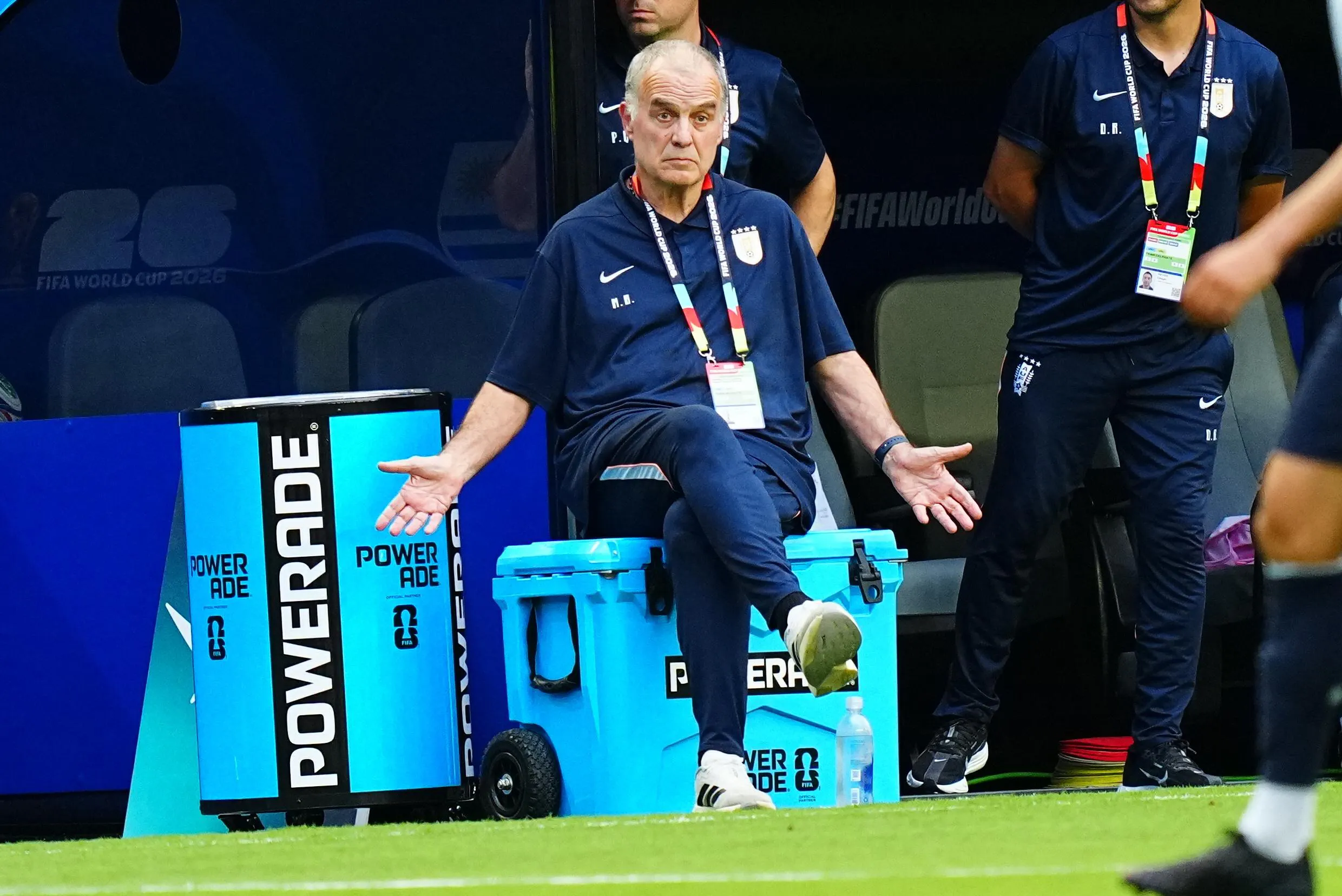 Marcelo Bielsa sits on his bucket.