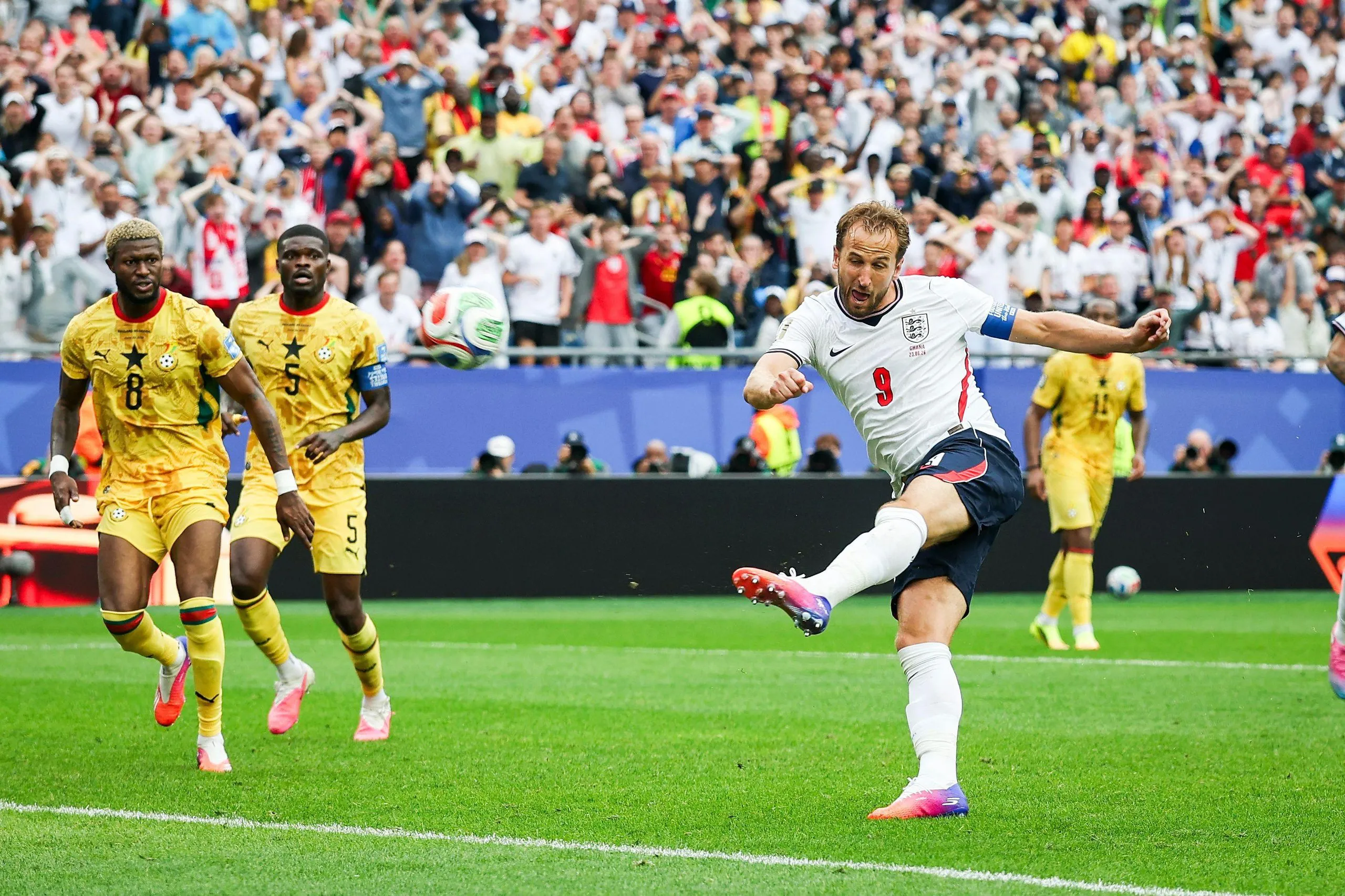 Harry Kane fires in a shot against Ghana