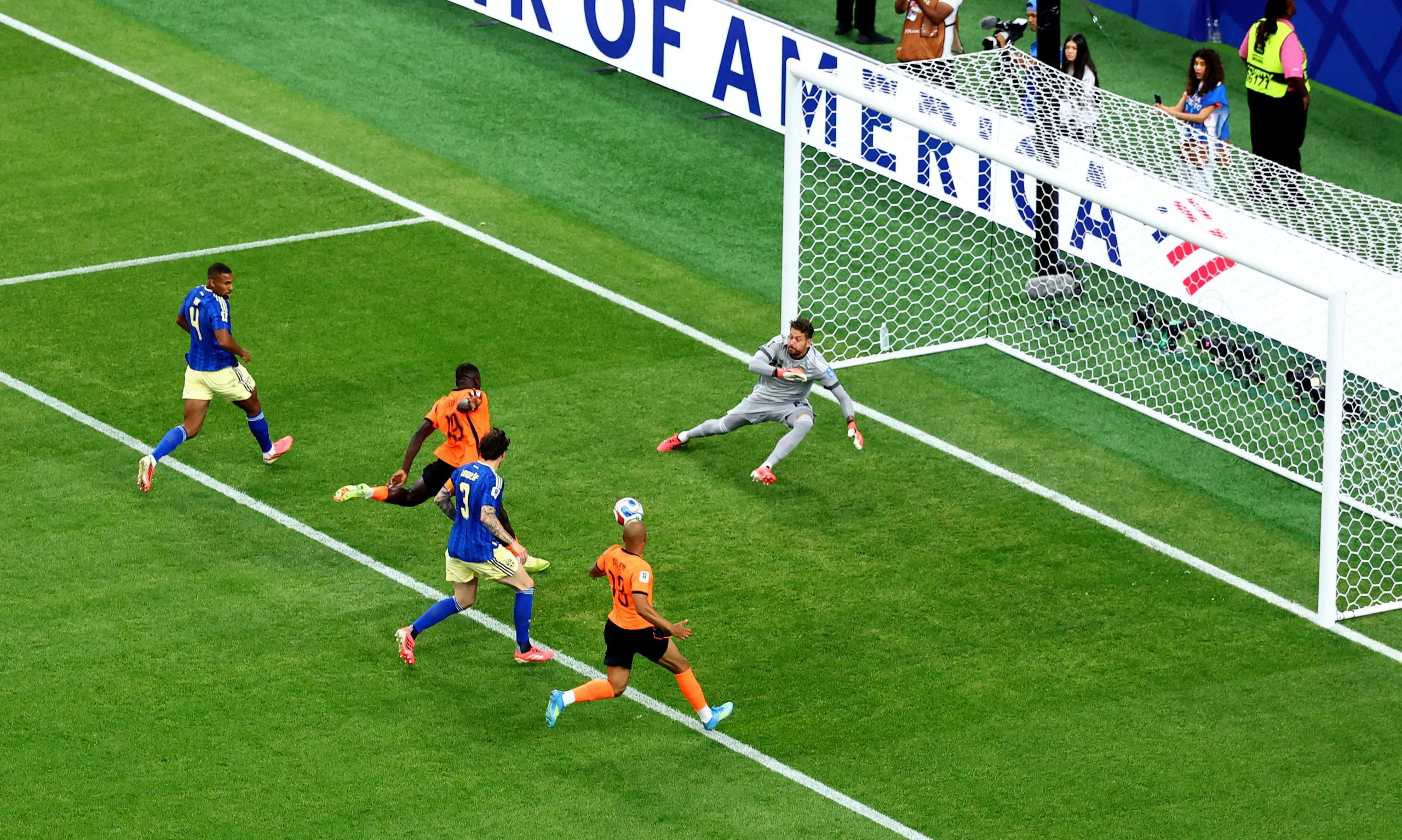 The Netherlands’ Brian Brobbey scores their first goal from close range