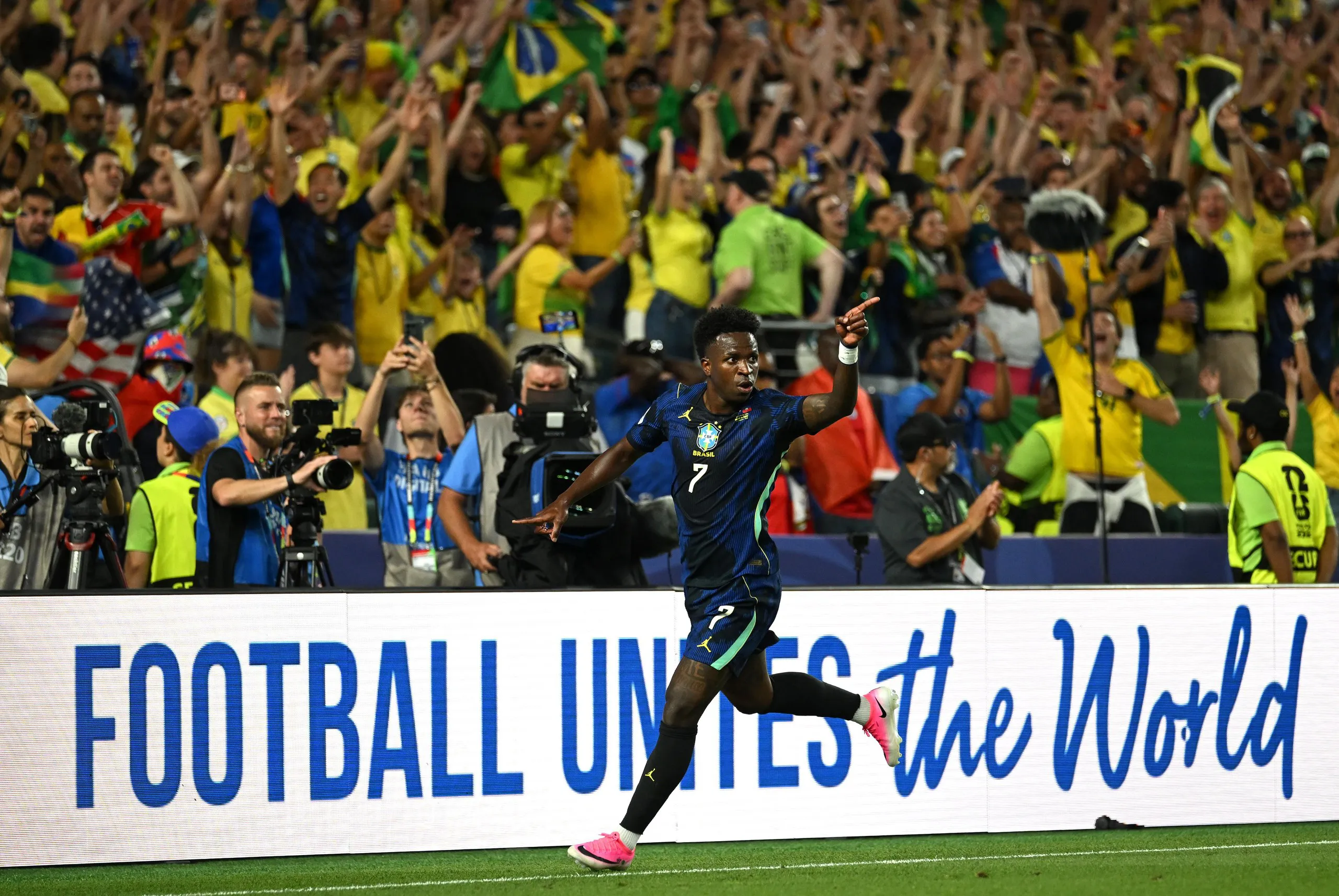 Vinicius Junior celebrates after scoring against Haiti in Brazil’s 3-0 win