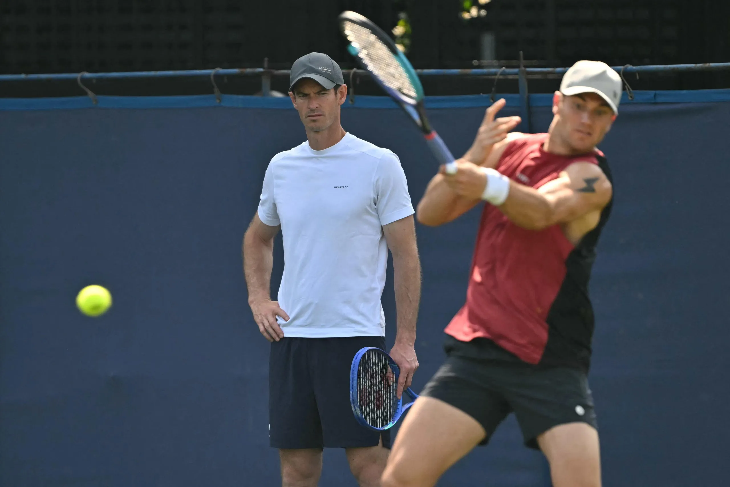 Jack Draper practises under the watchful eye of his new coach Andy Murray.