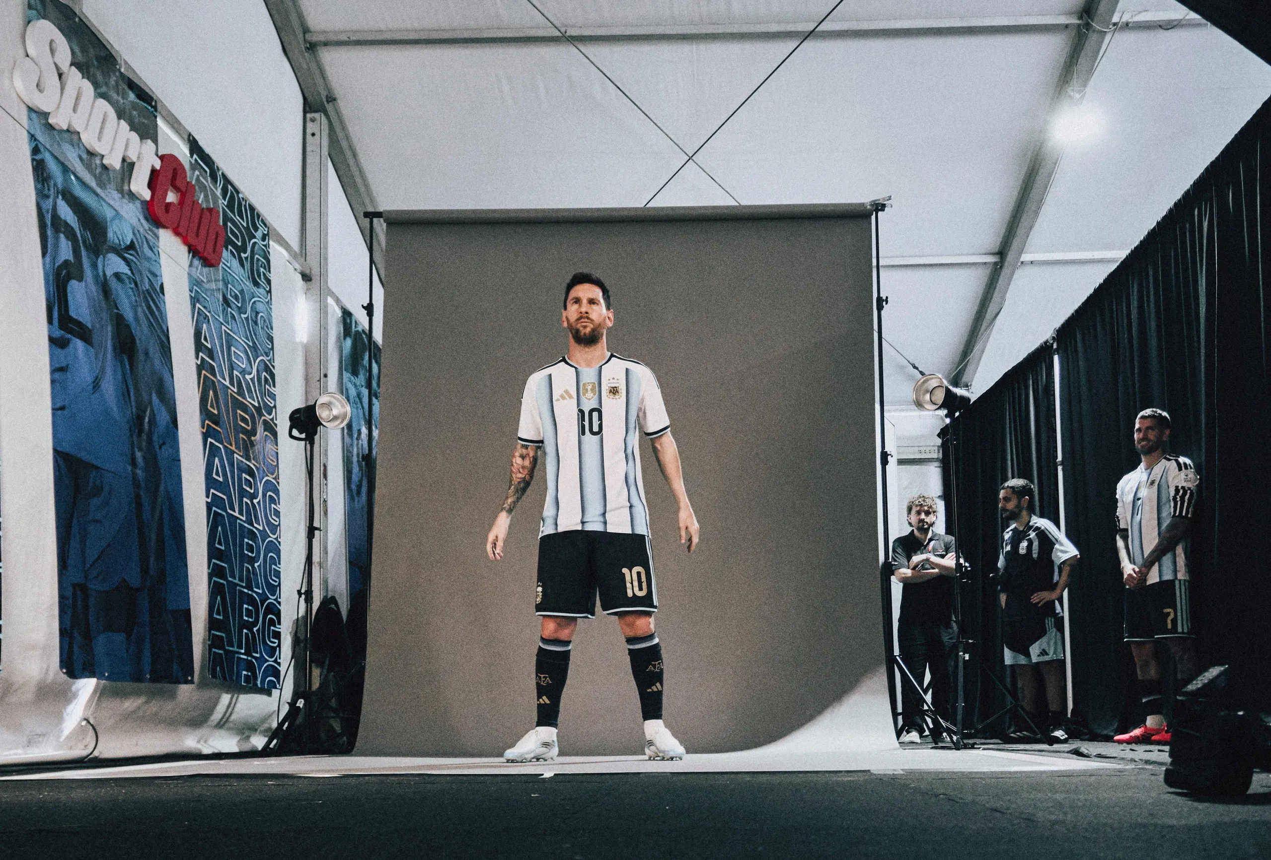 Lionel Messi Argentina poses rigidly.