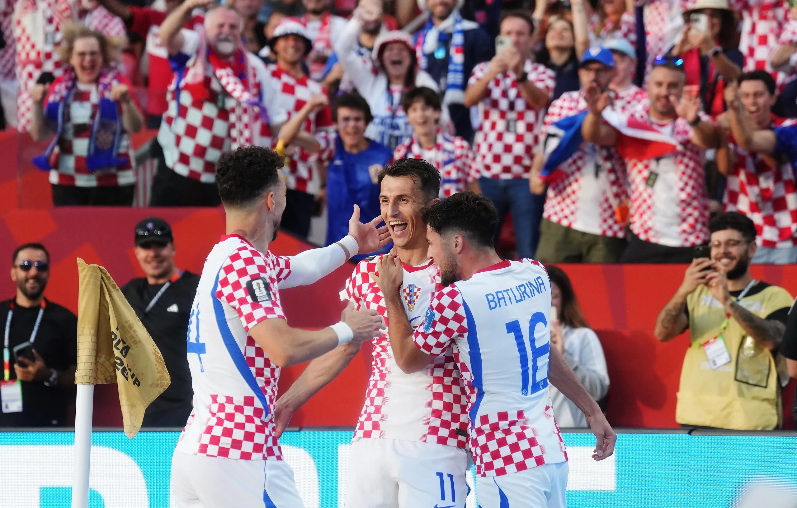 Croatia’s Ante Budimir (centre) celebrates his goal against Panama with Ivan Perisic and Martin Baturina