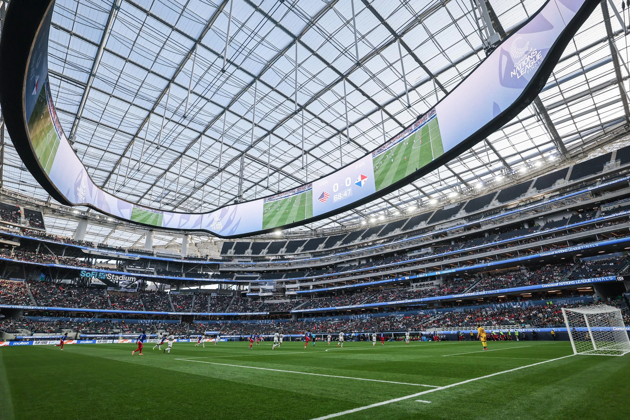 A general view of a CONCACAF Nations League semi-final match between the United States and Panamaat SoFi Stadium on March 20, 2025 in Inglewood, California. Mostly empty stands.