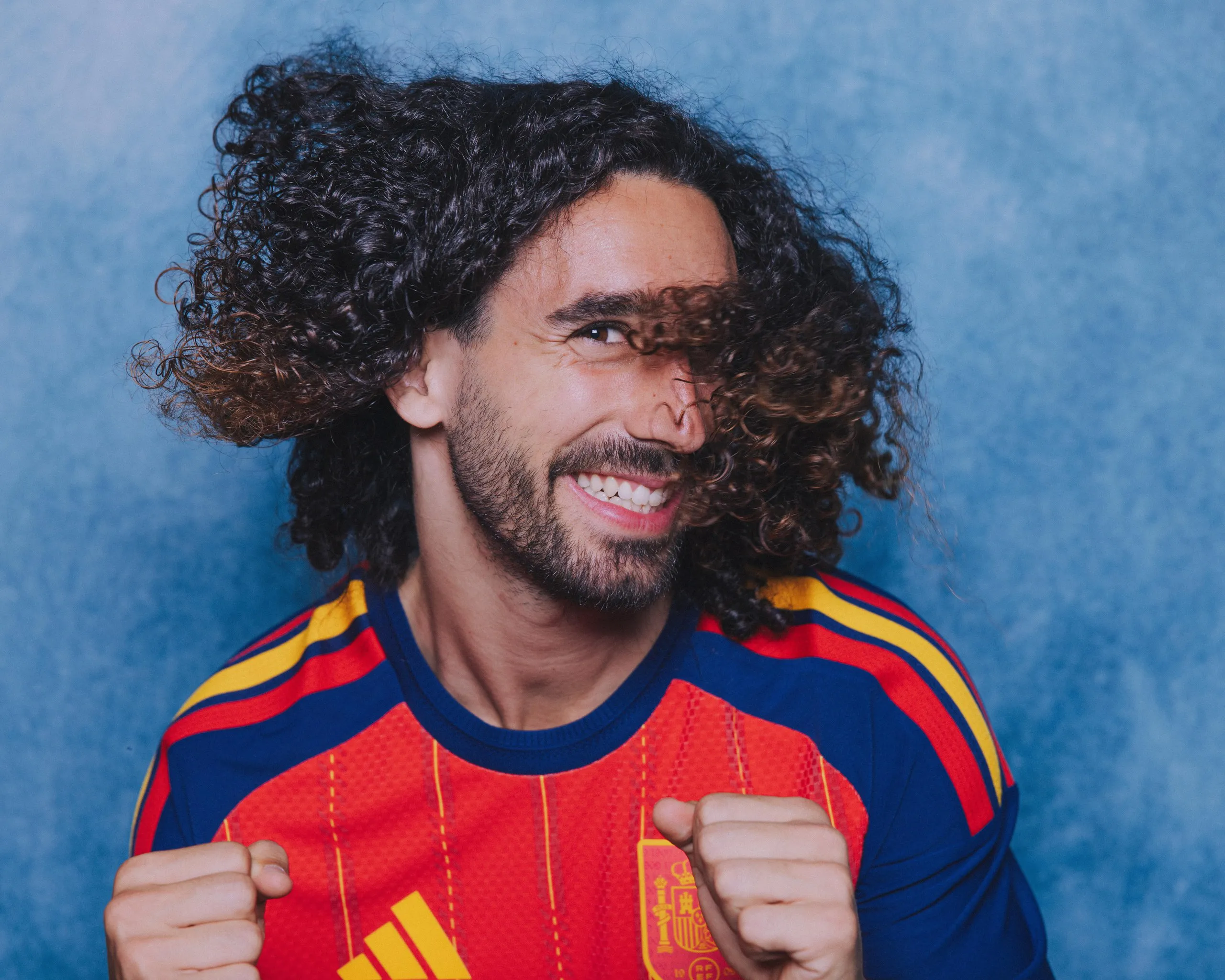 Marc Cucurella of Spain enjoys himself during his portrait.