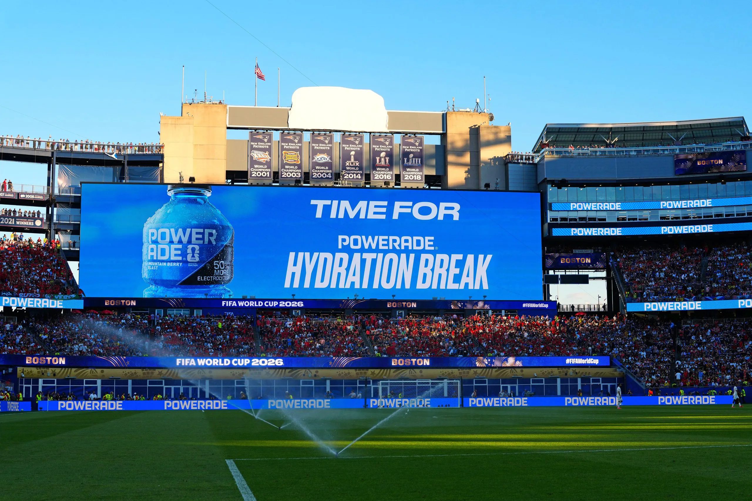 A sign indicating a hydration break at Boston Stadium