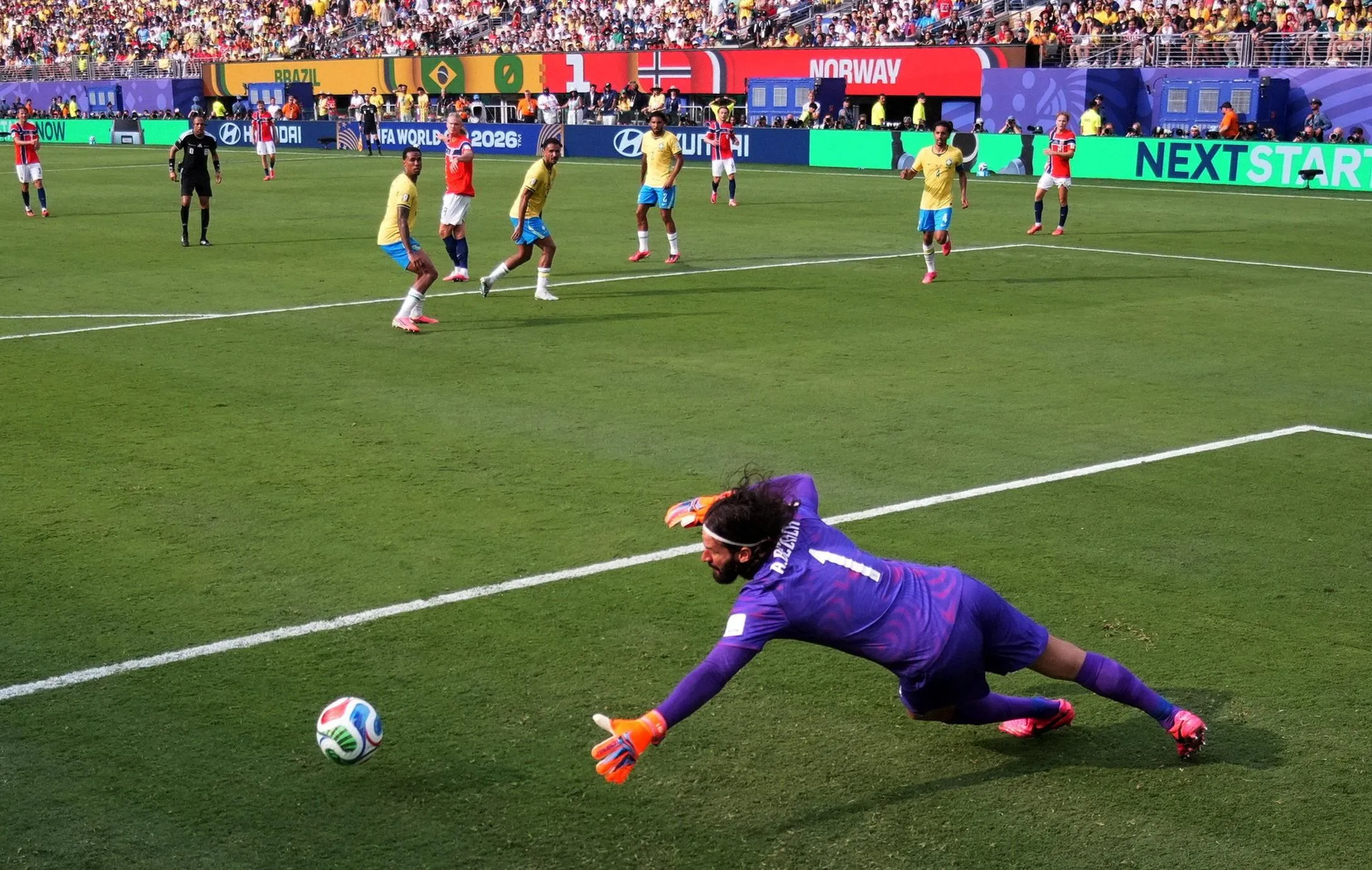 Erling Haaland scores Norway’s second goal against Brazil in the World Cup last 16.