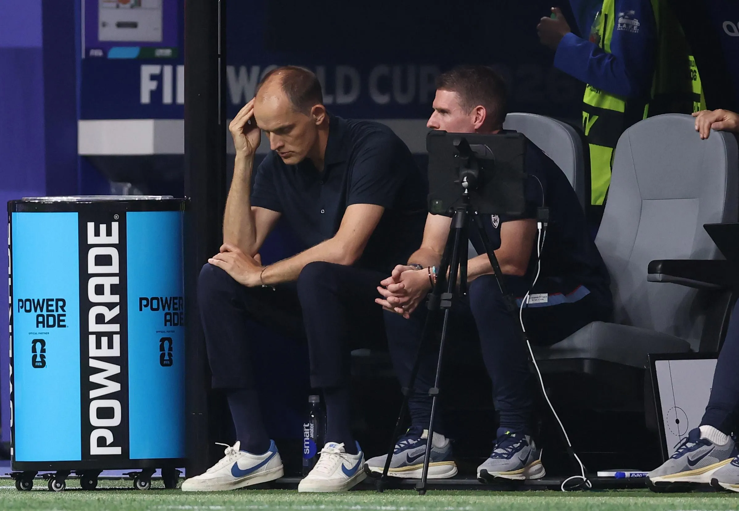 Thomas Tuchel shows his disappointment during England’s World Cup semi-final against Argentina.