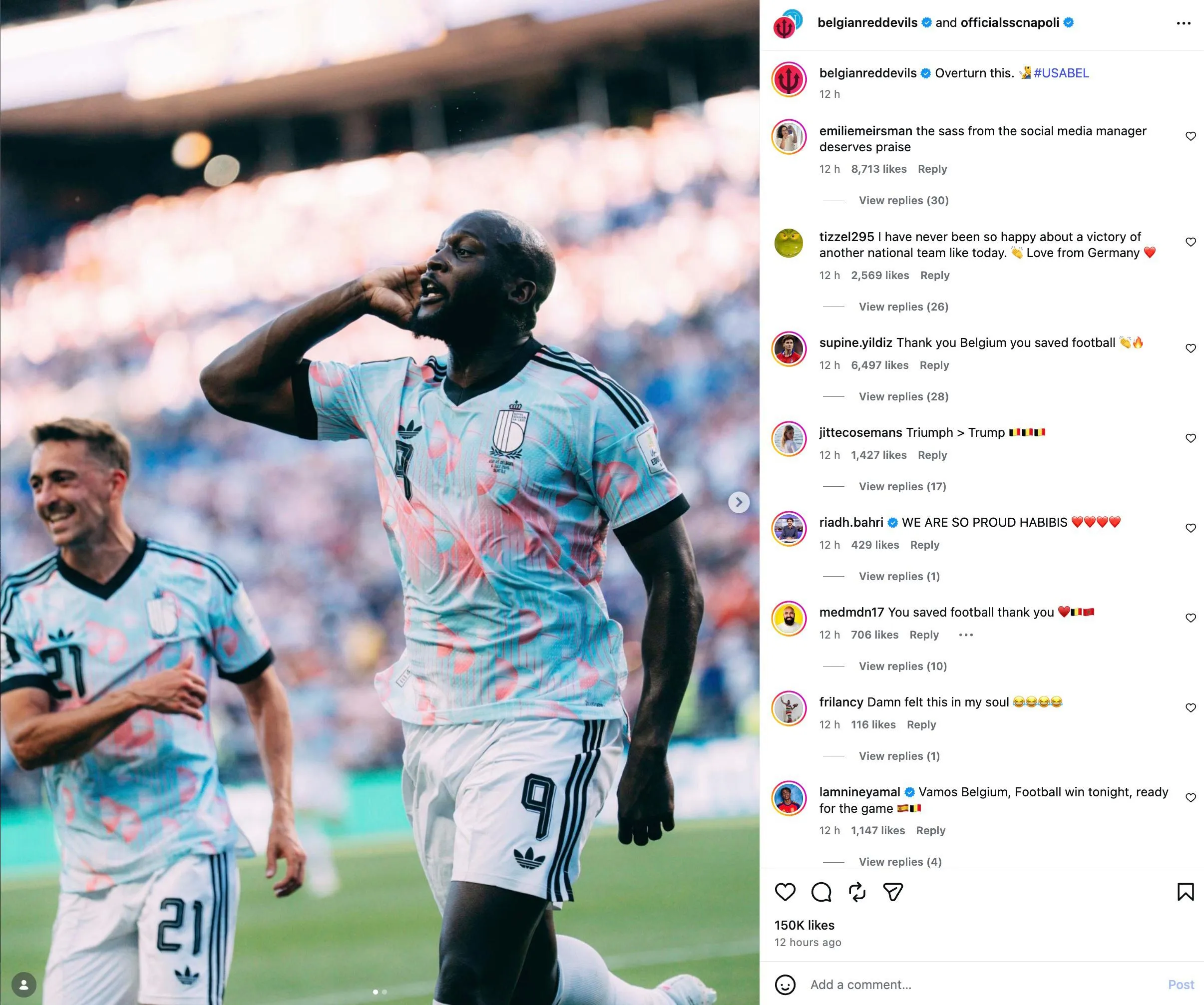 Instagram post by Belgium following their 4-1 World Cup against the United States.