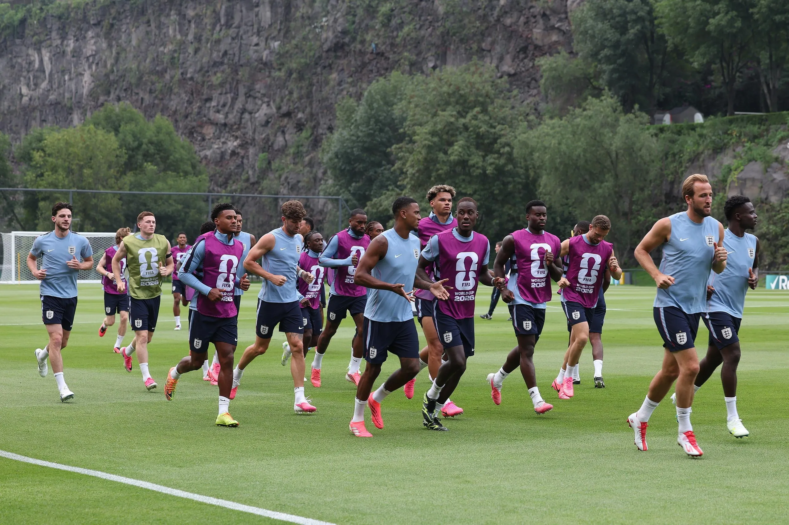 England players train at Universidad Nacional in Mexico City.