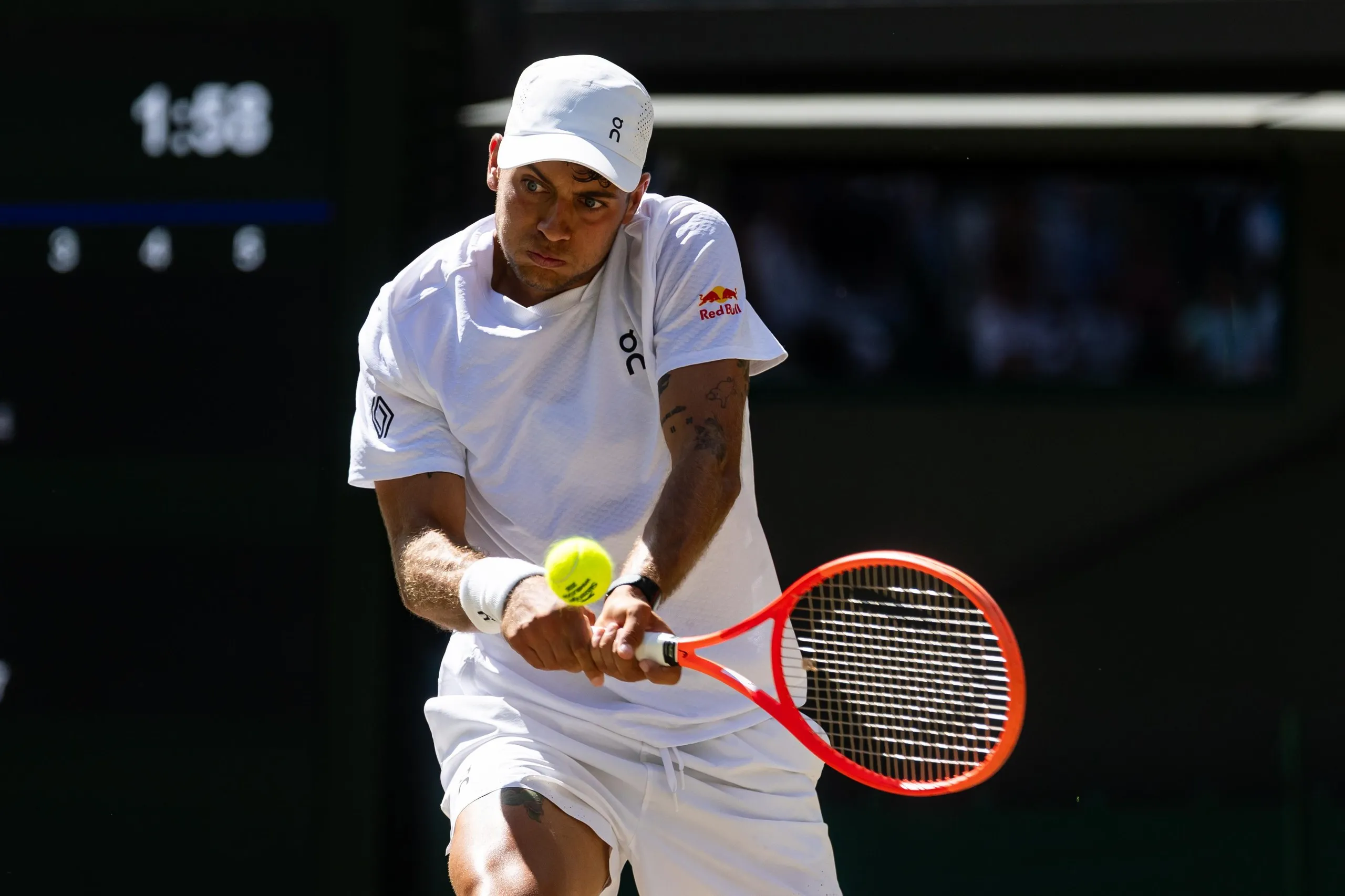 Flavio Cobolli plays a shot during his win against Alex de Minaur