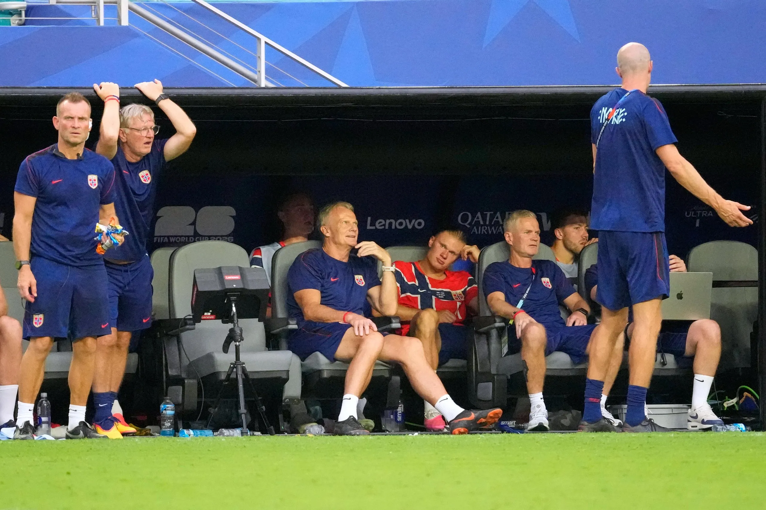 Norway’s Erling Haaland watches the second half of extra time from the bench