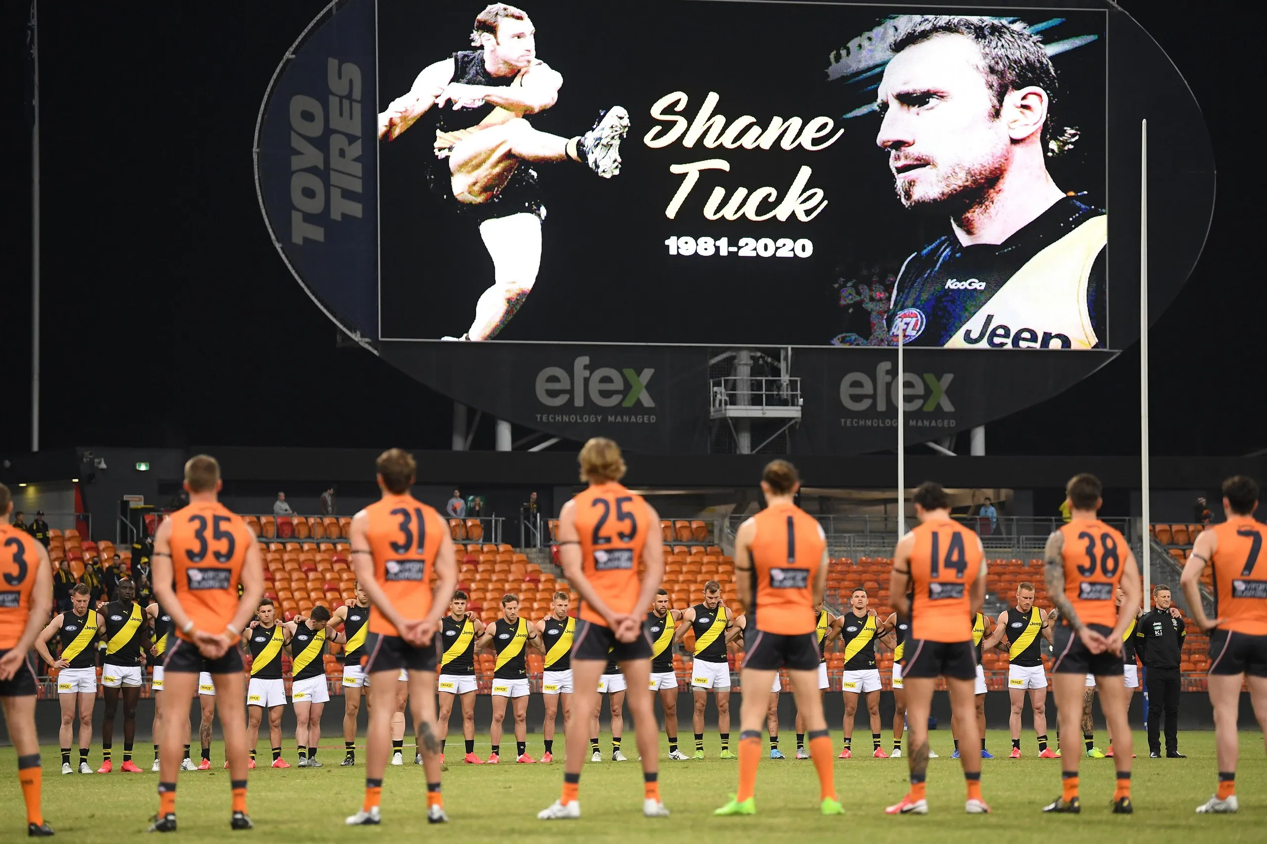 The Giants and the Tigers pay tribute to Shane Tuck, who was found to have CTE after his death in 2020.