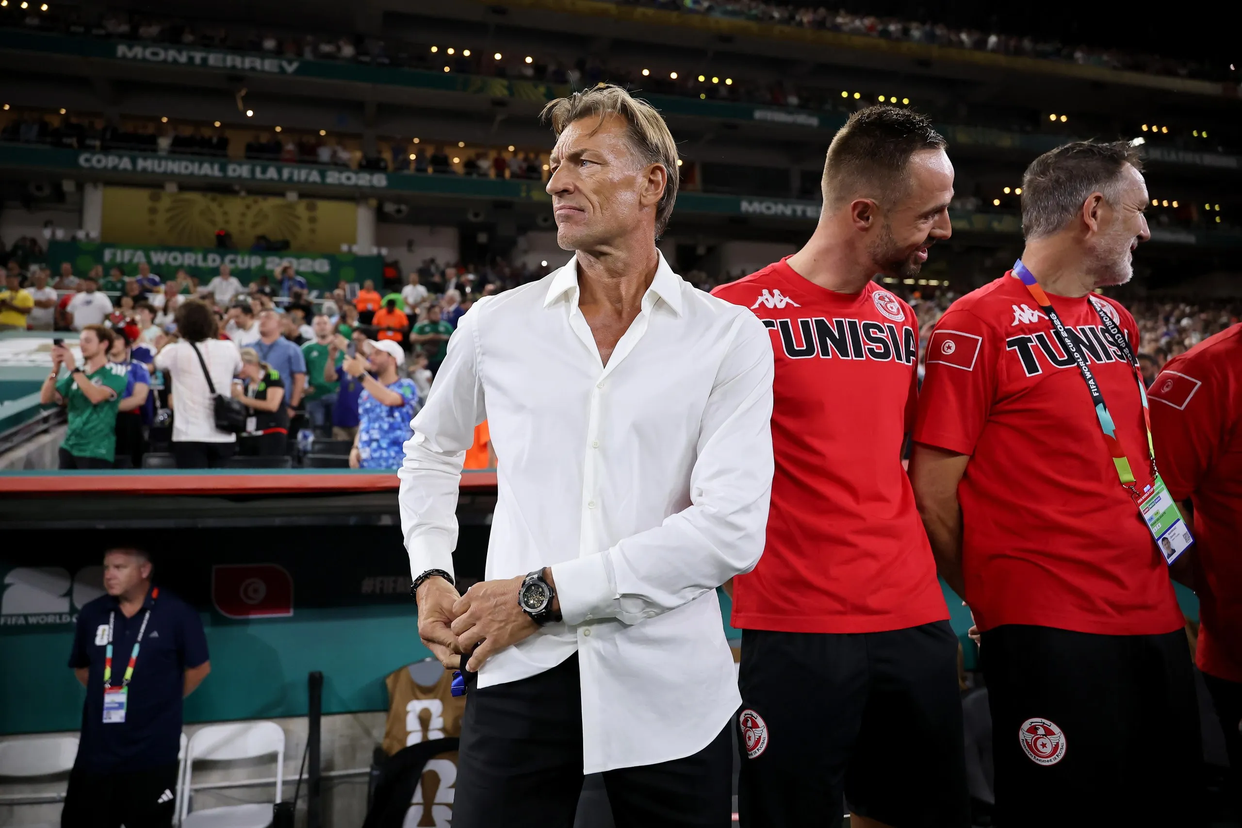 Hervé Renard, head coach of Tunisia, looks on before the World Cup 2026 match against Japan at Monterrey Stadium.