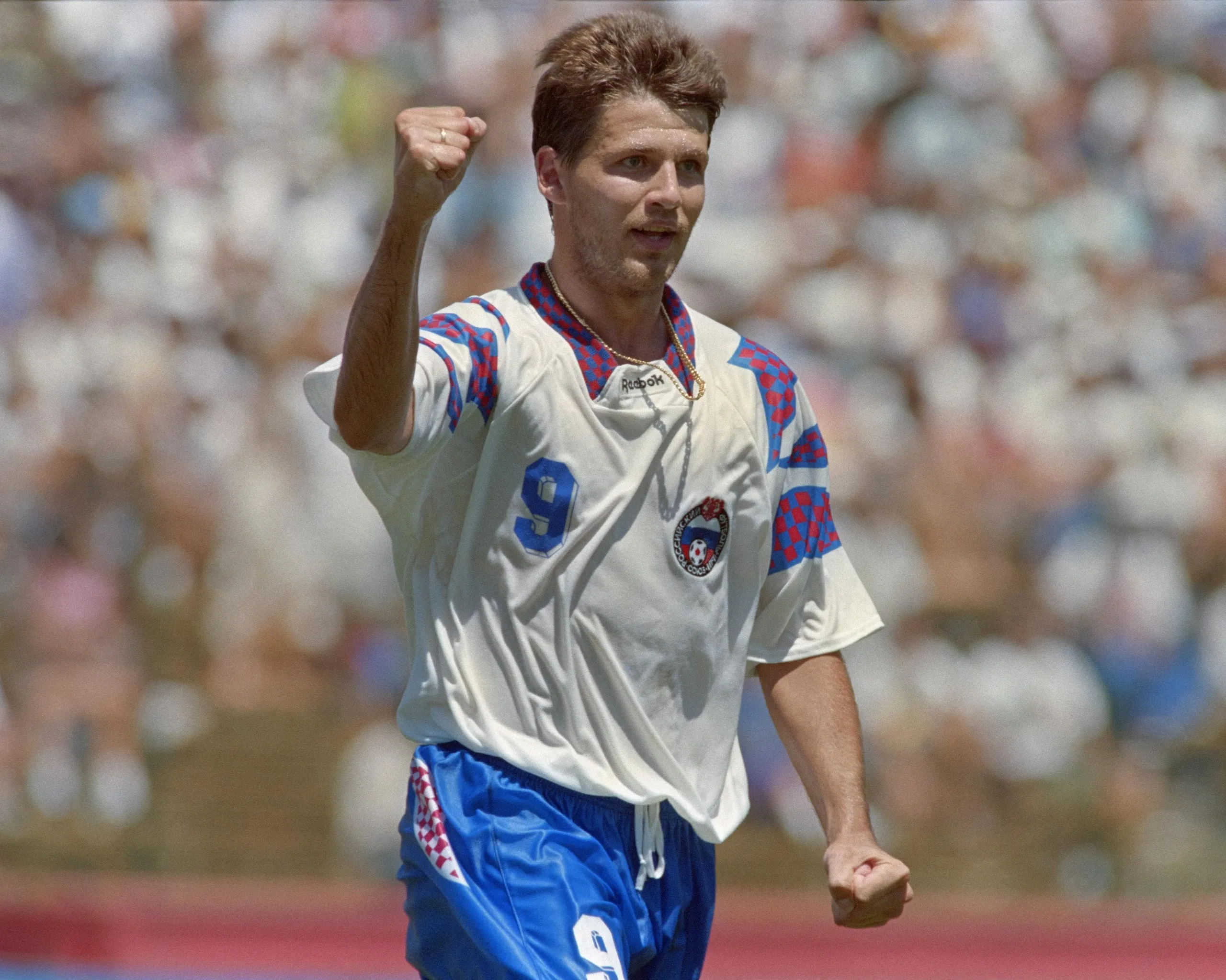 The Russia forward Oleg Salenko celebrates one of his five goals in the 6-1 win over Cameroon.
